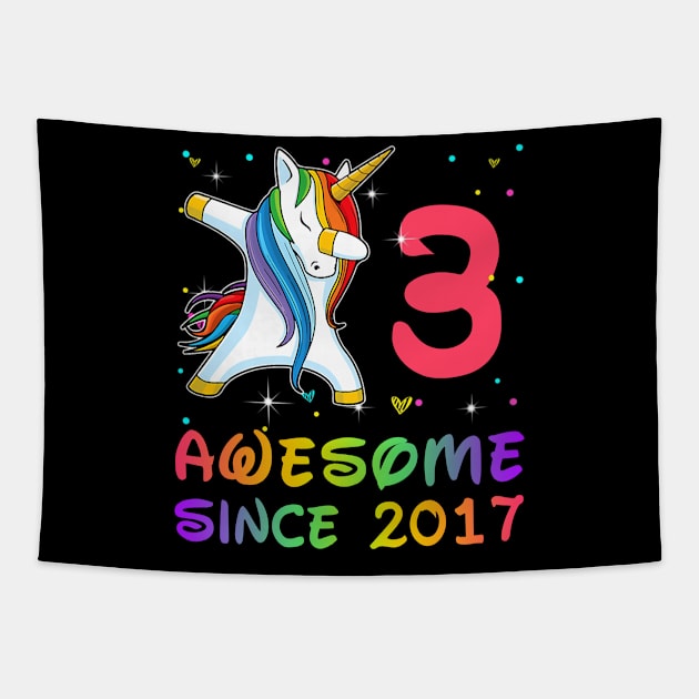 Awesome Since 2017 Birthday Unicorn Dabbing Gift 3 Years Old Tapestry by Soema