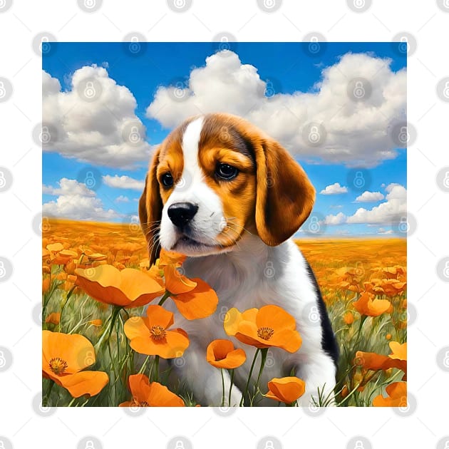 California Poppy Beagle Puppy by Doodle and Things