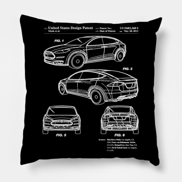 Tesla Model X Patent White Pillow by Luve