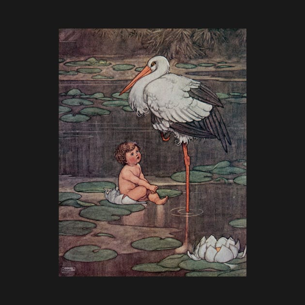 Baby and Stork Vintage Fairy Tale Illustration by softbluehum