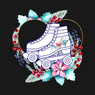 Christmas Holly Wreath with Roller Skates T-Shirt