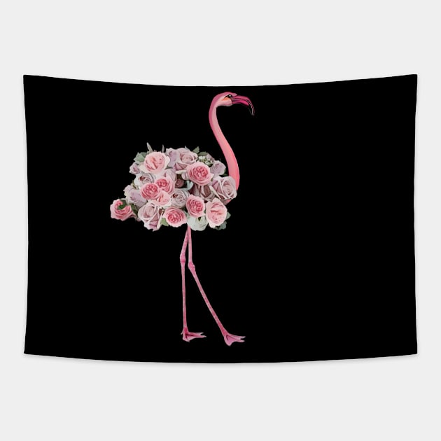 Pink Flamingo and pink flowers roses Tapestry by Collagedream