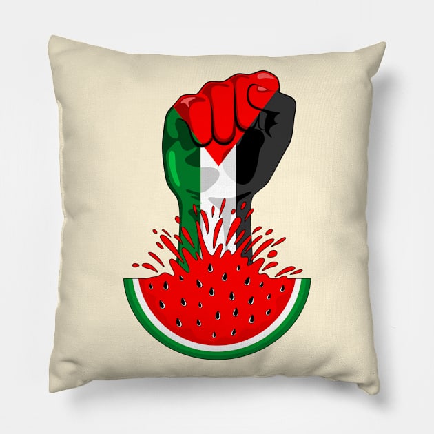 Palestine Flag on Revolution Fist Symbol of freedom coming out from a Watermelon Pillow by BluedarkArt