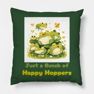 Kawaii Frog Cartoon Design - "Just a Bunch of Happy Hoppers" Pillow