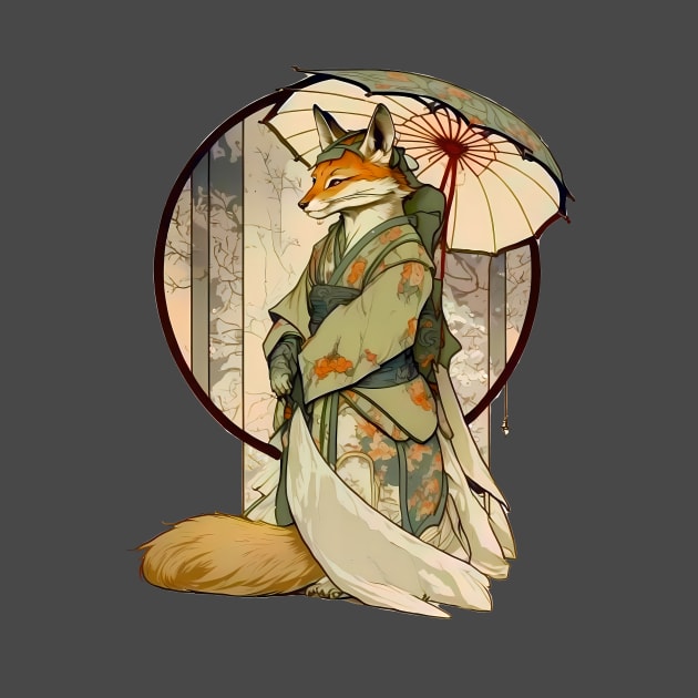 Art Nouveau Traditional Japanese Kitsune In A Kimono by entwithanaxe