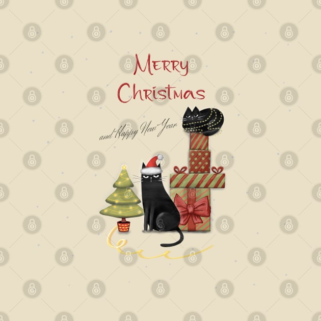 Merry Christmas - Black cats with Santa hat. by Olena Tyshchenko