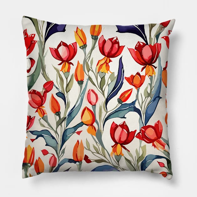 Red Orange Turkish Tulips Ottoman Pattern Pillow by Siha Arts