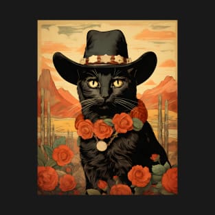 Retro Vintage Cowboy Black Cat - Whiskered Wild West Adventure T-Shirt