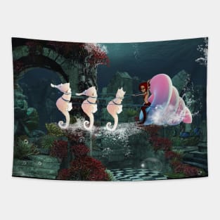 Cute mermaid has fun with seahorses Tapestry