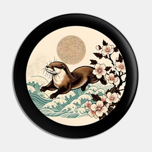 Aquatic Animal Vintage Sunset Art Floral Japanese Otter Pin