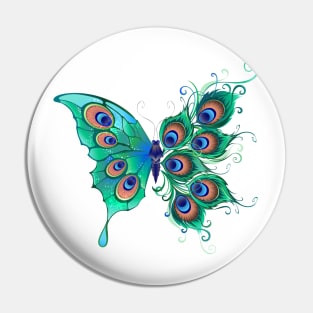 Butterfly with Green Peacock Feathers Pin