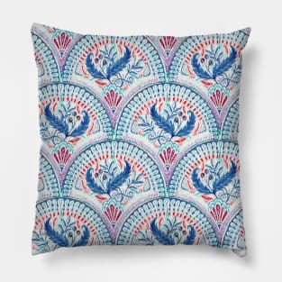 Art Deco Fresco in Cool Mediterranean Blue and Red Pillow