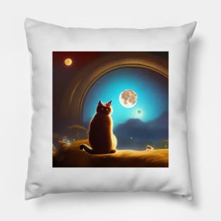 gato sentado debajo de la luna Pillow