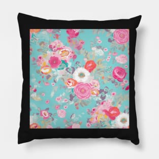 Pink and Blue Shabby Chic  Floral Flowers, Pretty Feminine Pattern on Blue Background Pillow