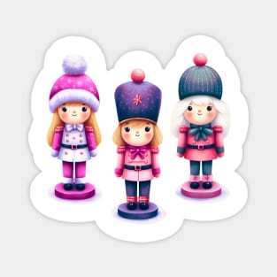 Offset Colorful Trio of Christmas Nutcracker Dolls - Pink, Purple, and White Magnet