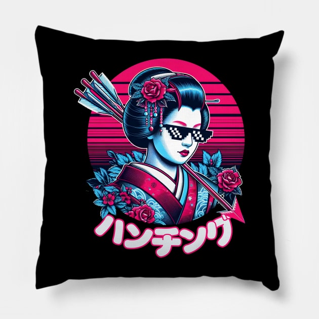 Hunting Geisha with katakana letters Pillow by Japanese Fever