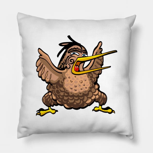 Cartoon New Zealand kiwi bird doing a Maori haka Pillow by pickledpossums