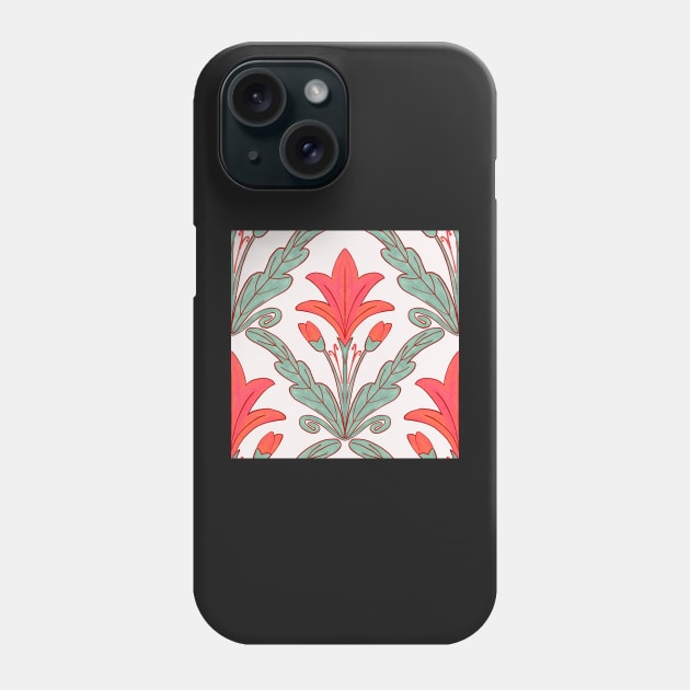 Regency style modern floral damask medallion pattern in deep melon red and sage green Phone Case by FrancesPoff