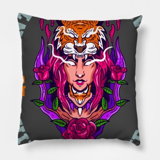 Geisha with hat tiger woman face Pillow