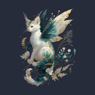 Majestic Cat Dragon Fairy Art - White and Teal with Gold Accents T-Shirt