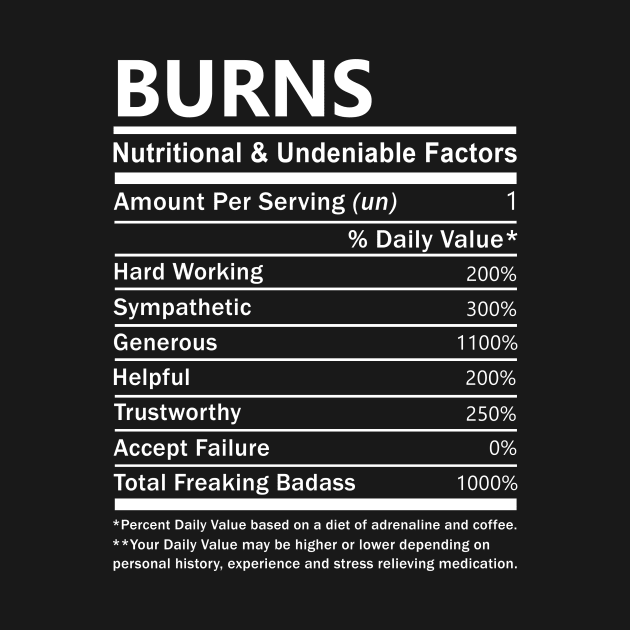 Burns Name T Shirt - Burns Nutritional and Undeniable Name Factors Gift Item Tee by nikitak4um