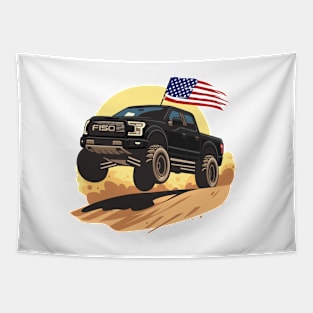 F150 car truck offroad jump on desert black Tapestry