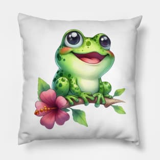 Cute Tree Frog And Hibiscus Flower Pillow