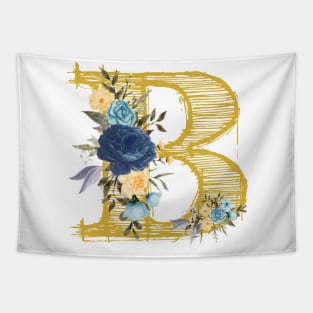 Monogram Letter B In Metallic Gold With Aesthetic Blue Flowers Botany Tapestry