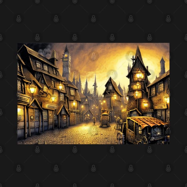 A brightly lit tudor village at night by dystopiatoday