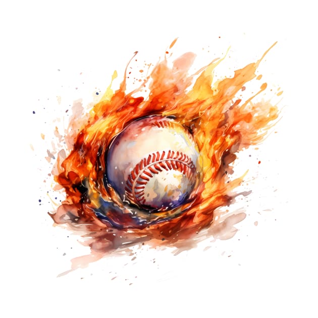 Flaming Baseball Watercolor by BisonPrintsCo