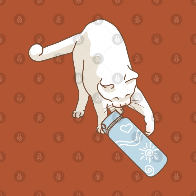 White cat knocking blue water bottle by Wlaurence