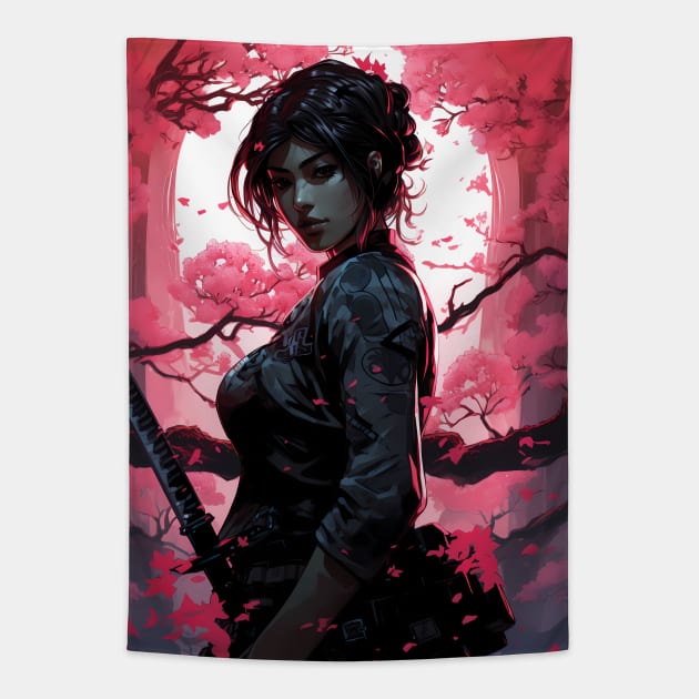 Japanese Sakura Samurai Girl Tapestry by Seraphine