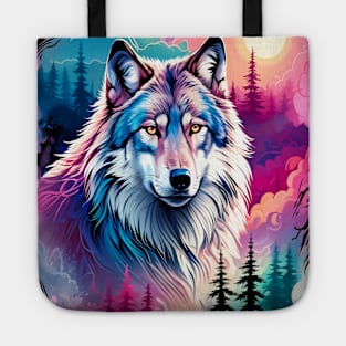 A Grey Wolf with Mountains, Floral Elements, Forests, Trees Tote