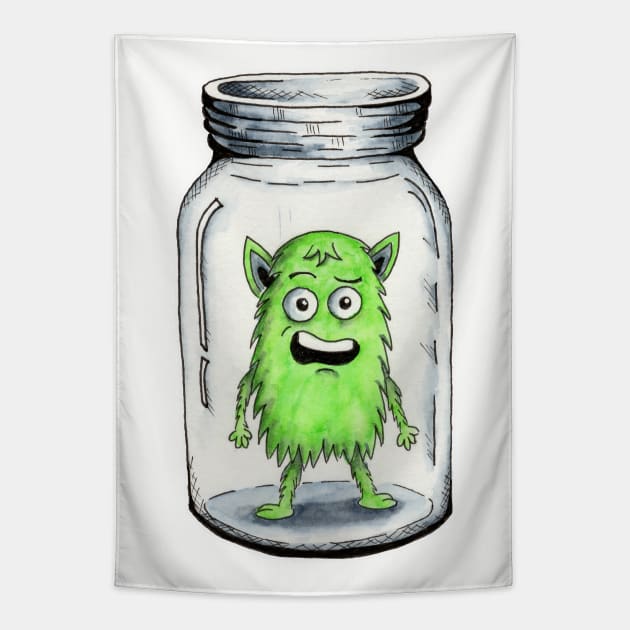 Green Fuzz Confused Monster in a Jar Tapestry by AaronShirleyArtist