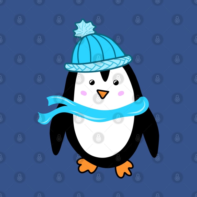 Festive Winter Penguin with Blue Knit Hat and Scarf, made by EndlessEmporium by EndlessEmporium
