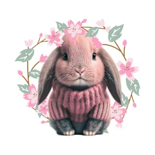 Adorable Baby Bunny in pink wool sweater - crown of charming flowers and leave T-Shirt