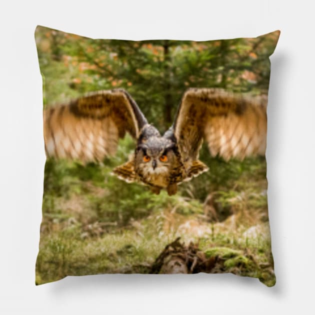 Eagle Owl in woodland Pillow by Femaleform