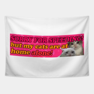 Sorry for speeding! But my cats are at home alone! Bumper Sticker or Magnet | Funny Sticker | Satire | Gen Z Humor Tapestry