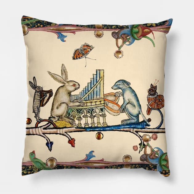 WEIRD MEDIEVAL BESTIARY MAKING MUSIC,White Rabbit And Dog Playing Organ, Harpist Hare, Snail Cat Pillow by BulganLumini