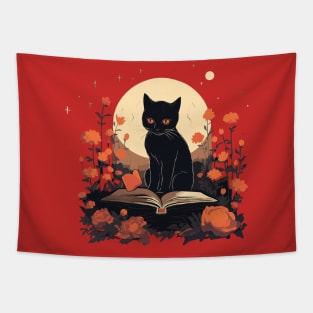 Floral Black Cat And Book Catshirt Tapestry