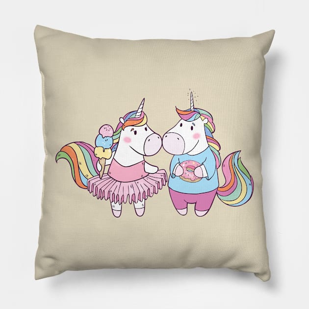 Unicorns in Love with Donut and Ice cream Pillow by Olya Yatsenko