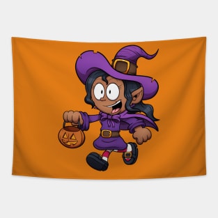 Kid In Witch Costume Trick Or Treating Tapestry