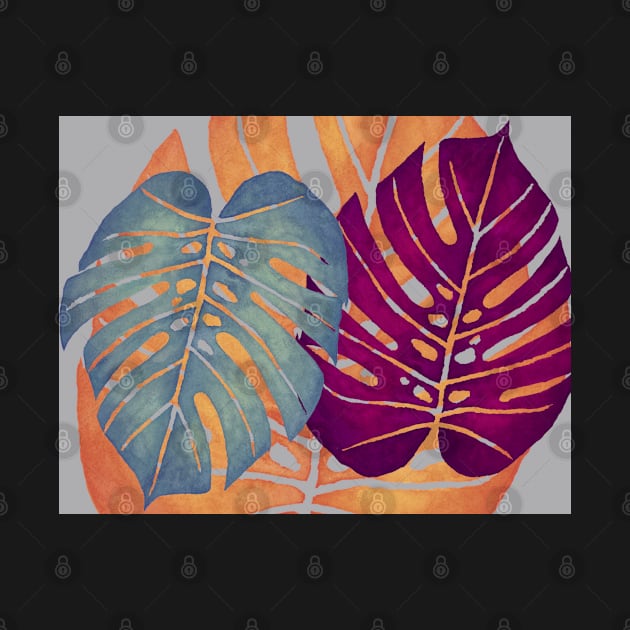 MONSTERA LEAVES - Orange, Magenta, & Blue Swiss Cheese Leafs On Gray by VegShop