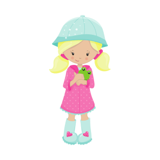 Girl In Raincoat, Boots, Frog, Blonde Hair T-Shirt