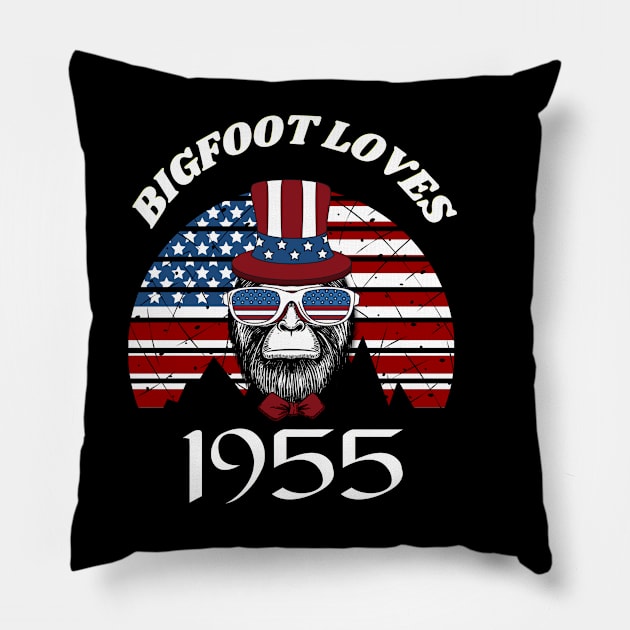 Bigfoot loves America and People born in 1955 Pillow by Scovel Design Shop