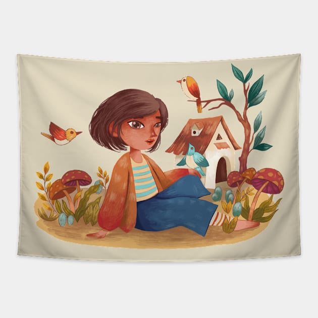 girl playing with birds hand drawn Tapestry by Mako Design 