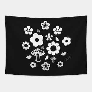 Black n White Flower Power Hippie Seamless Pattern Graphic Print Tapestry