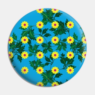 Yellow daisies with Cerise centres over layers of vine leaves on a Vibrant Blue background Pin