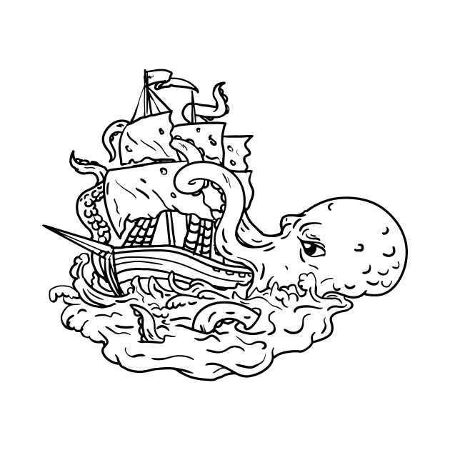 Kraken Attacking Sailing Ship Doodle Art