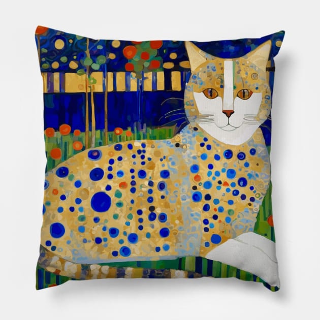 Klimt Tabby Cat with Blue Spots in Flower Garden Pillow by bragova